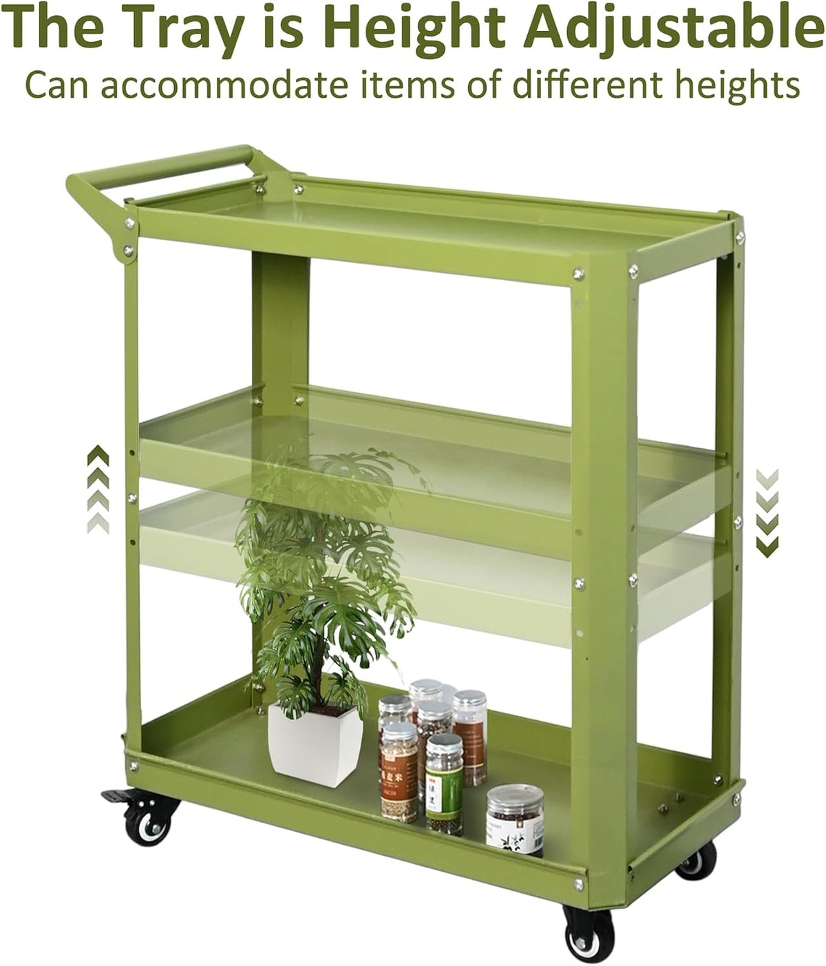 3 Tier Metal Utility Rolling Cart with Wheels, Green | Heavy Duty Storage Organizer, 330Lbs Capacity, Multi-Purpose, For Kitchen, Bathroom, Office, Bedroom - Field & Nook