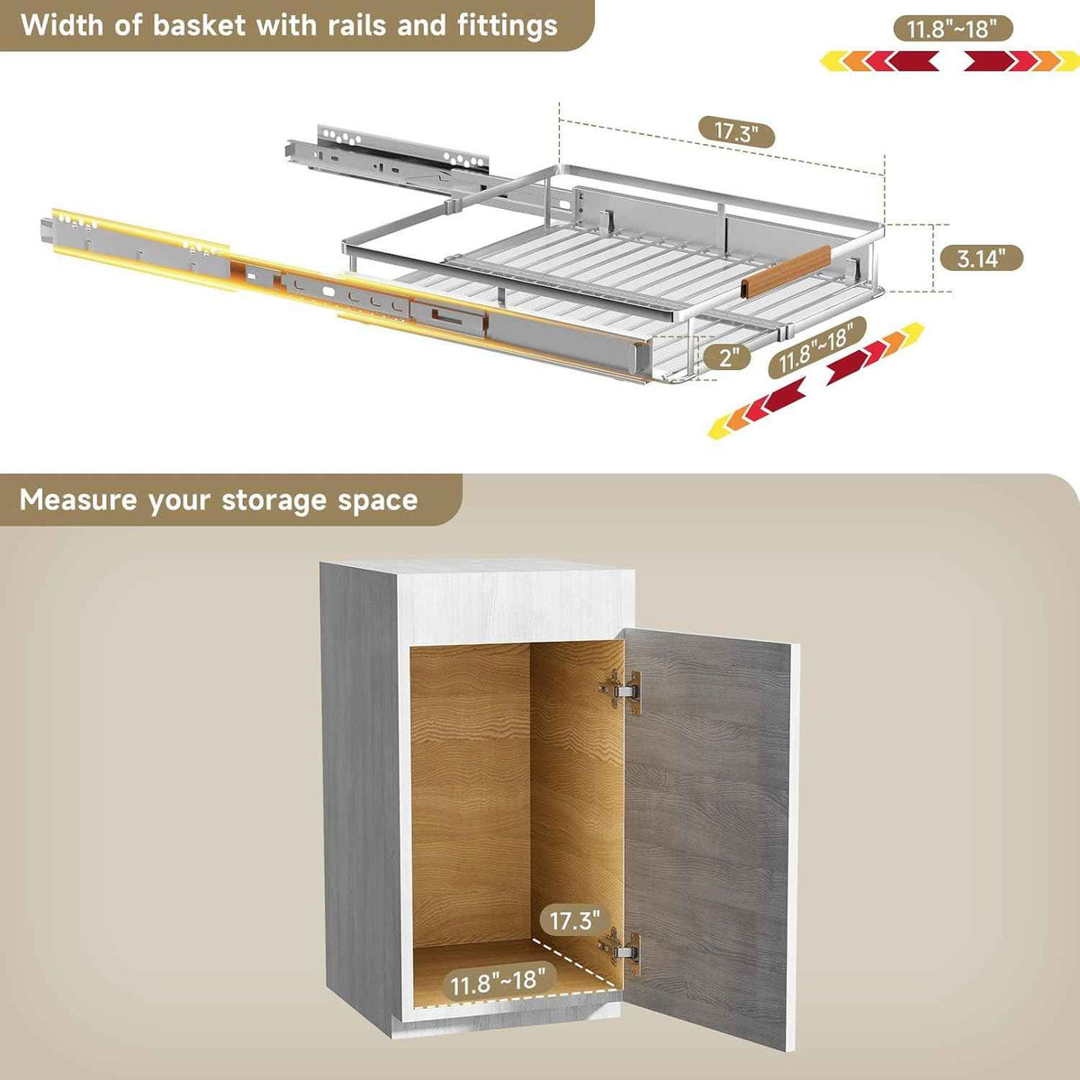 11.8~18"x17.3" Pull Out Cabinet Organizer,1Pack Expandable Sliding