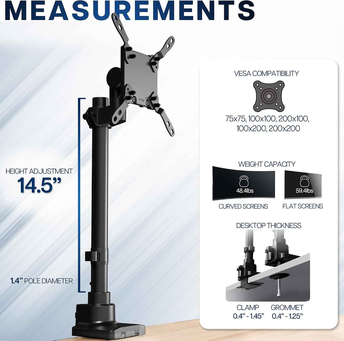 VIVO Clamp-on Single Ultra Wide Monitor Desk Mount, Low Profile Heavy Duty Adjustable Stand for 1 Ultrawide Screen up to 57 inches, 59.4 lbs Capacity, Black, STAND-V157C