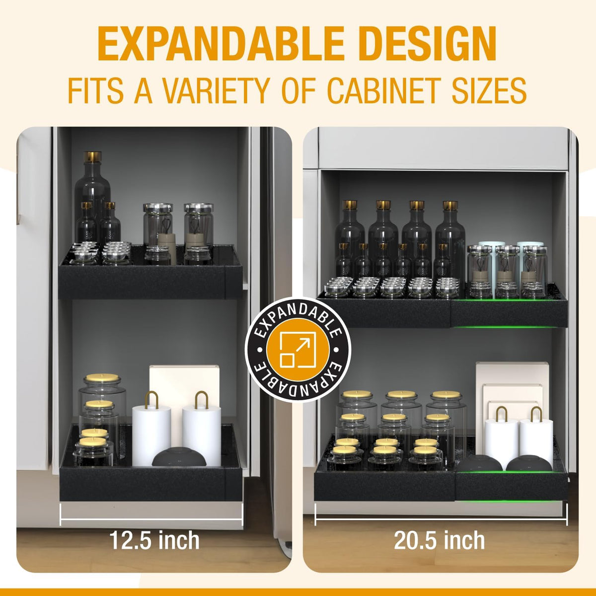 Expandable Pull Out Drawers for Cabinets(Black) : Kitchen and Pantry Organizer, Sliding Cabinet Organizer with Adhesive, Under Sink and Pots Storage, Depth 16.5". expandable pull out cabinet organizer - Field & Nook