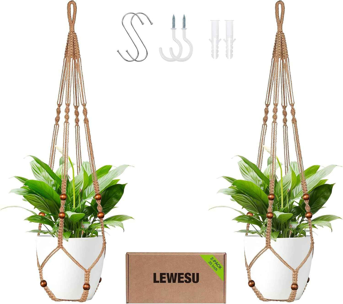 Jute Macrame Plant Hanger Indoor Set of 2 Hanging Planter Basket Flower Pot Holder with Decorative Wood Beads & No Tassels for Indoor Outdoor Boho Home Decor, 35 Inch Brown (Pots Not Included)