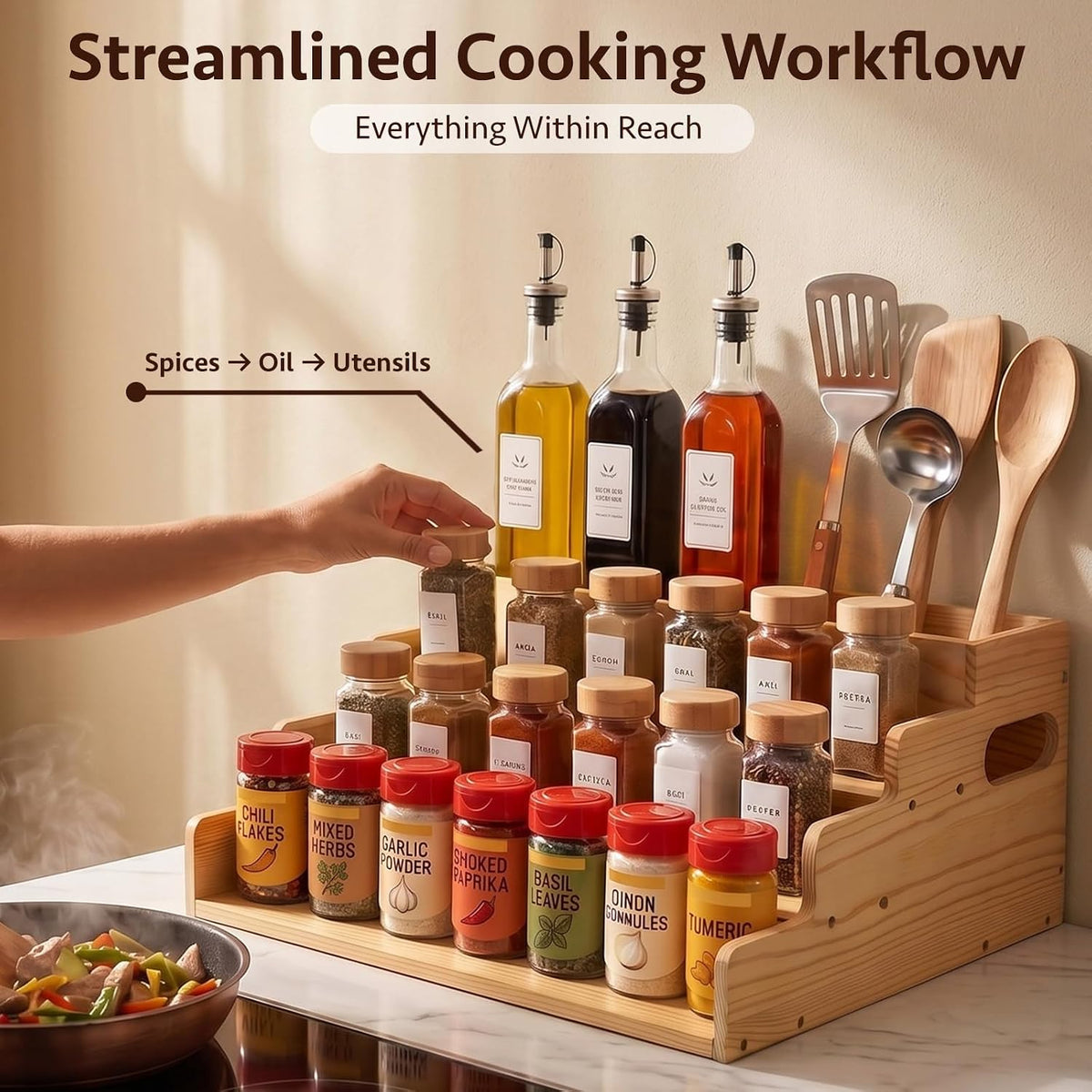 3 Tiered Wooden Spice Rack with Extra Utensil Holder and Adjustable Dividers, Spice Shelf for Spice Jars, Seasonings and Cooking Tools, Farmhouse Countertop Spice Organizer for Kitchen - Field & Nook