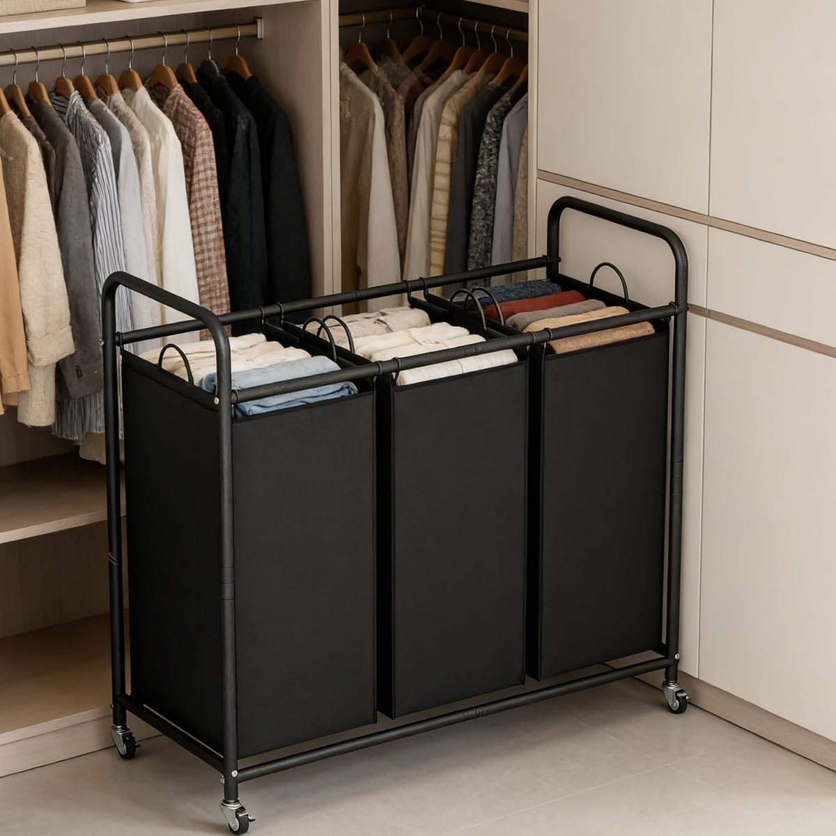 135L 3-Section Rolling Laundry Hamper – Black - Field & Nook