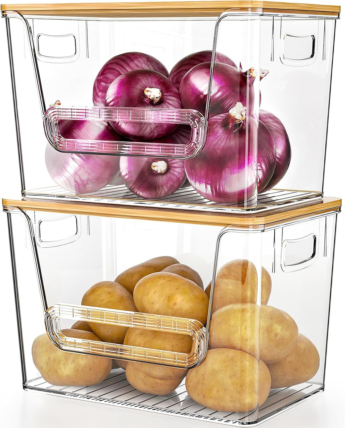 Delamu 2 Set Pantry Organizers and Storage, Trash Bag Holder Under Sink Organizer for 4-13 Gal Bags, Trash Bag Dispenser with Bamboo Top for Onion, Potato, Garlic, Clear (11-7/32"L*7" W*7-1/8"H) - Field & Nook