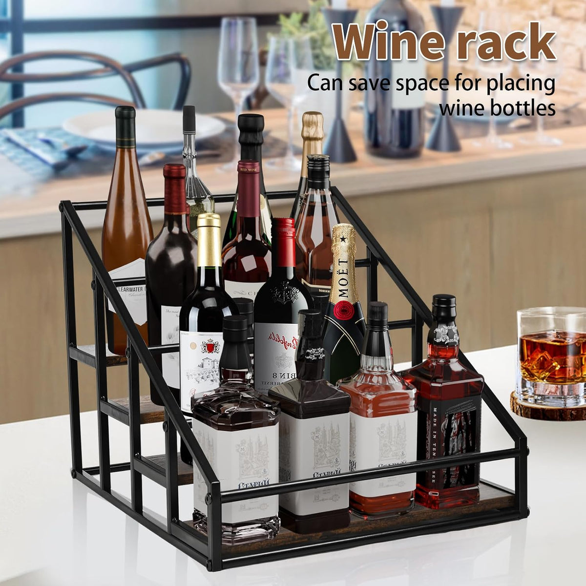 YQBRAO 4-Tier Coffee Syrup Organizer, 16-Bottle Rack, Rustic Brown | Holds up to 16 bottles with stepped visibility; rustic wood and metal design for syrups, kitchens, and home coffee bars. - Field & Nook