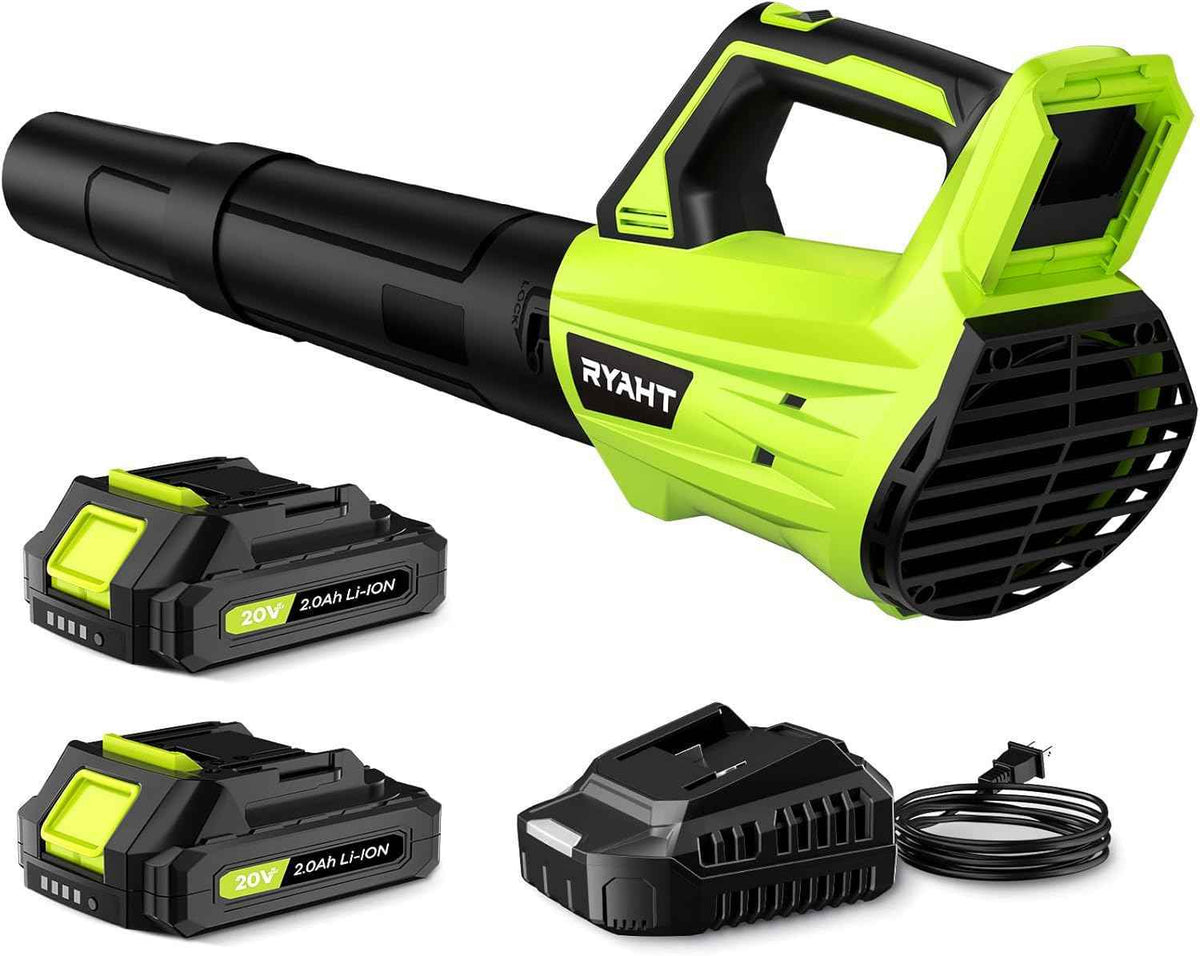 Leaf Blower Cordless, Leaf Blower with Battery and Charger - 2 Speed Modes, 2 Batteries, 20V Powerful Lightweight Electric Blowers for Blowing Leaves, Lawn Care, Patio, Green
