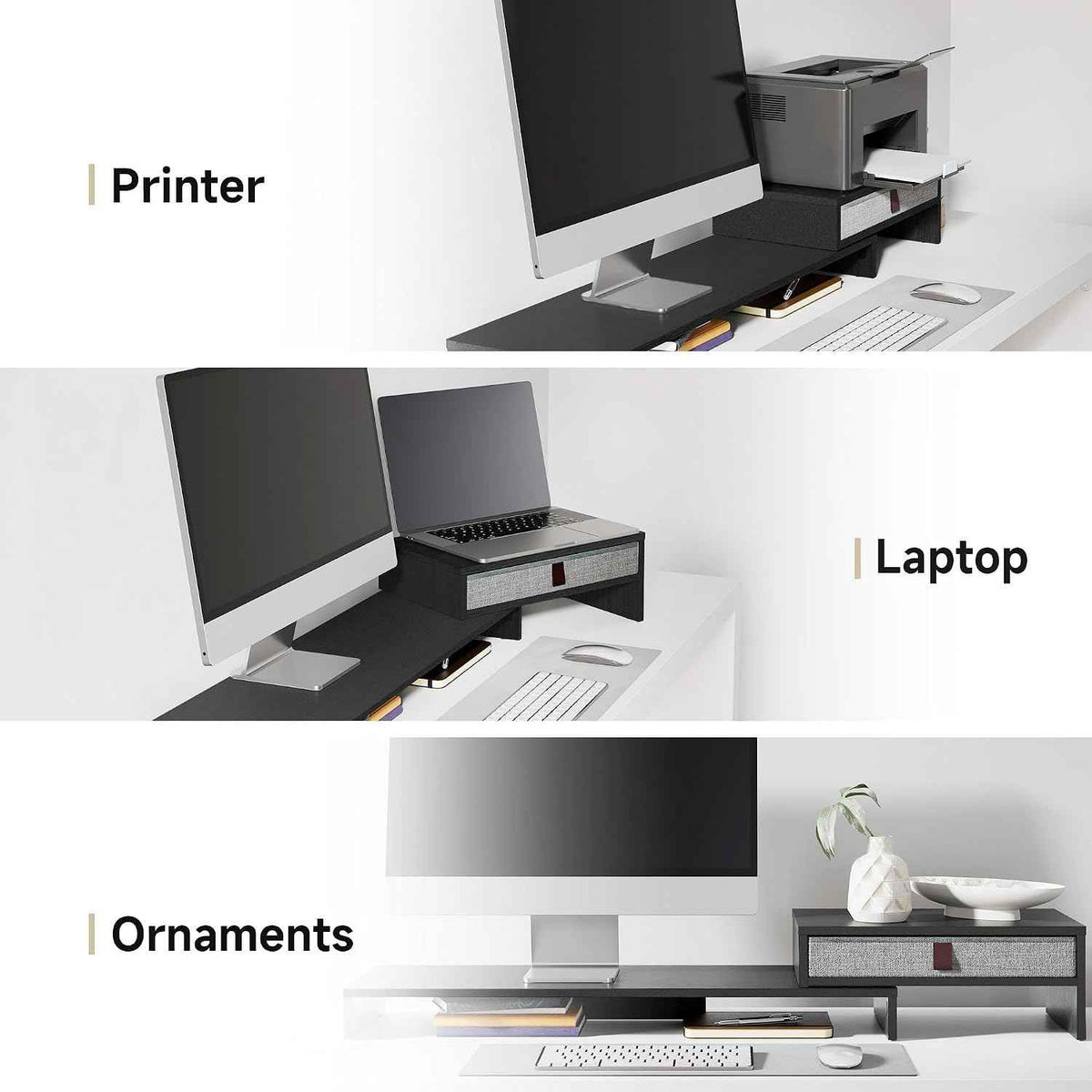 Fenge Triple Monitor Stand with Srorage Drawer, Adjustable Length and Angle | Computer Monitor Riser for 2 or 3 Monitors, Wooden Desktop Laptop Stand, Office Organizer for PC, Screen, Tablet, Black