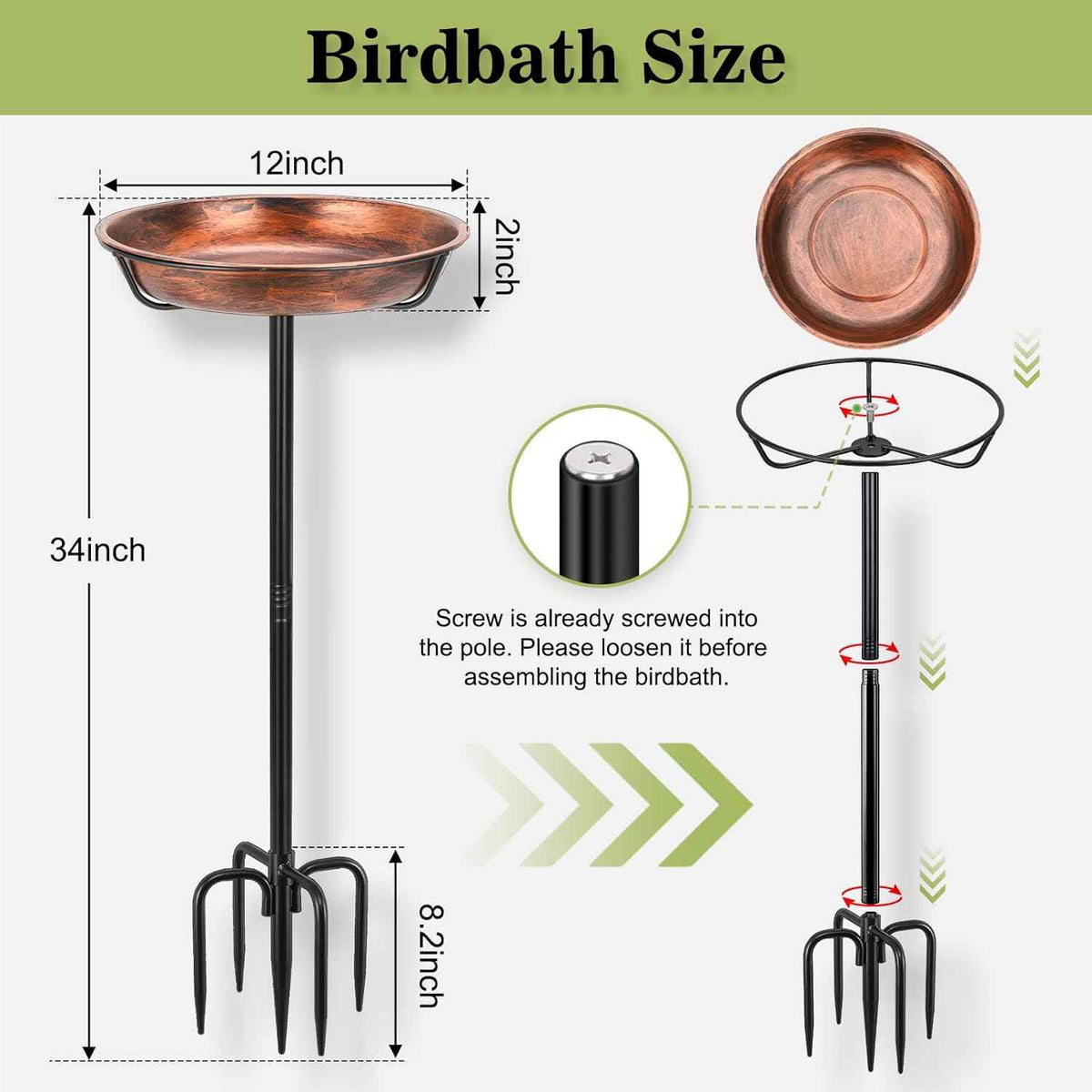 Gtongoko Metal Bird Bath for Outdoors, 34" Tall Bird Bath with 12" Removable Bowl, Heavy Duty 5-Prong Stable Base, Easy-to-Clean Heavy Duty Birdbath & Bird Feeder for Garden, Patio, Yard