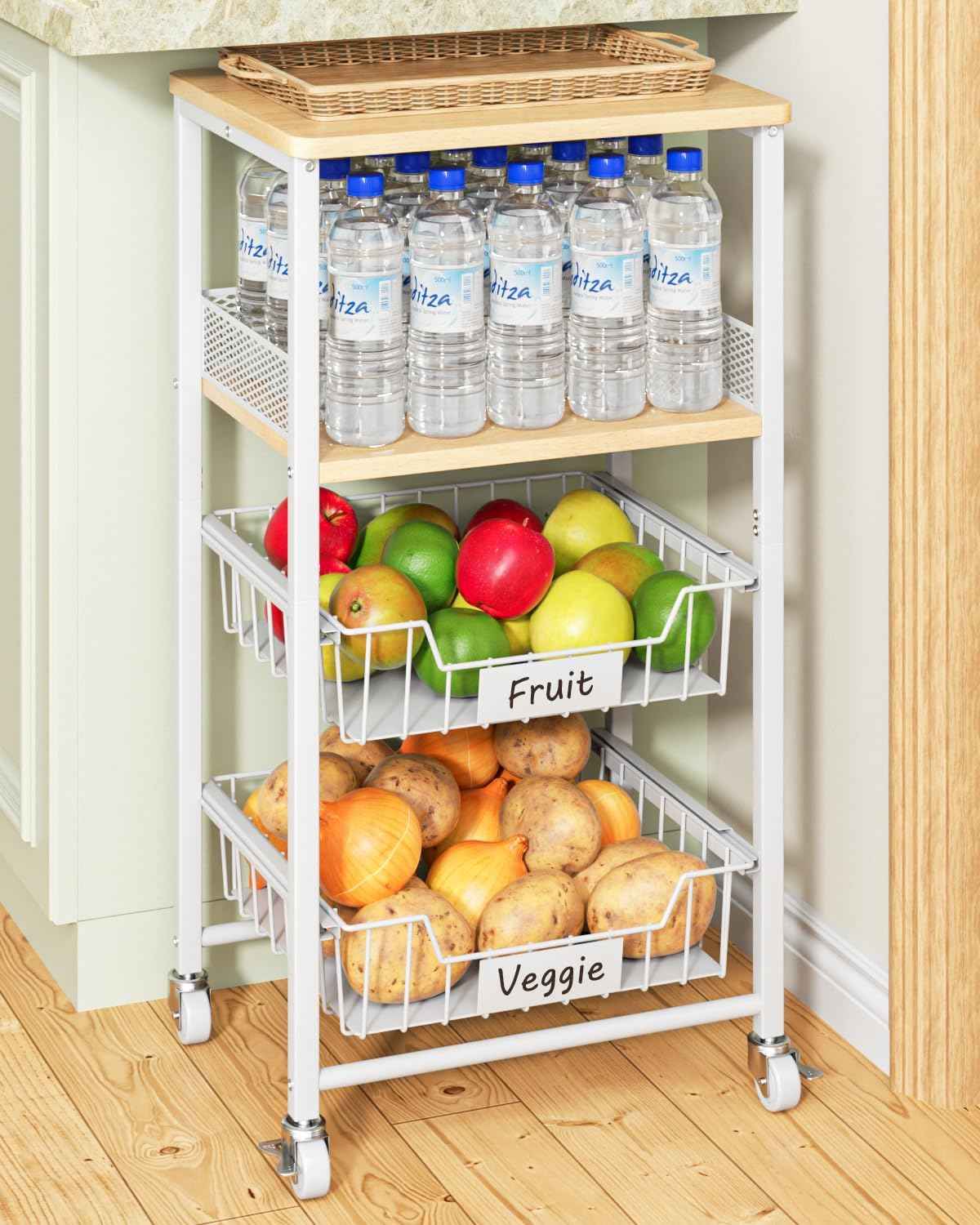 4-Tier Fruit Vegetable Storage Cart Rolling Kitchen Cart with Drawer | Pull-out basket, wood rack, durable & sturdy, fits pantry, living room, bathroom, 360° wheels with brakes, wood top, white