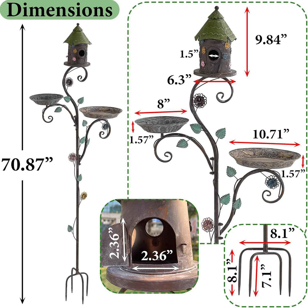 71" H Bird Baths for Outdoors, Bird Baths and Bird Houses with Pole, Metal Bird House Stake, Standing Bird Feeder and Bath Combo, Tall Birdbath with 4-Prong Stake for Outside Garden Decor