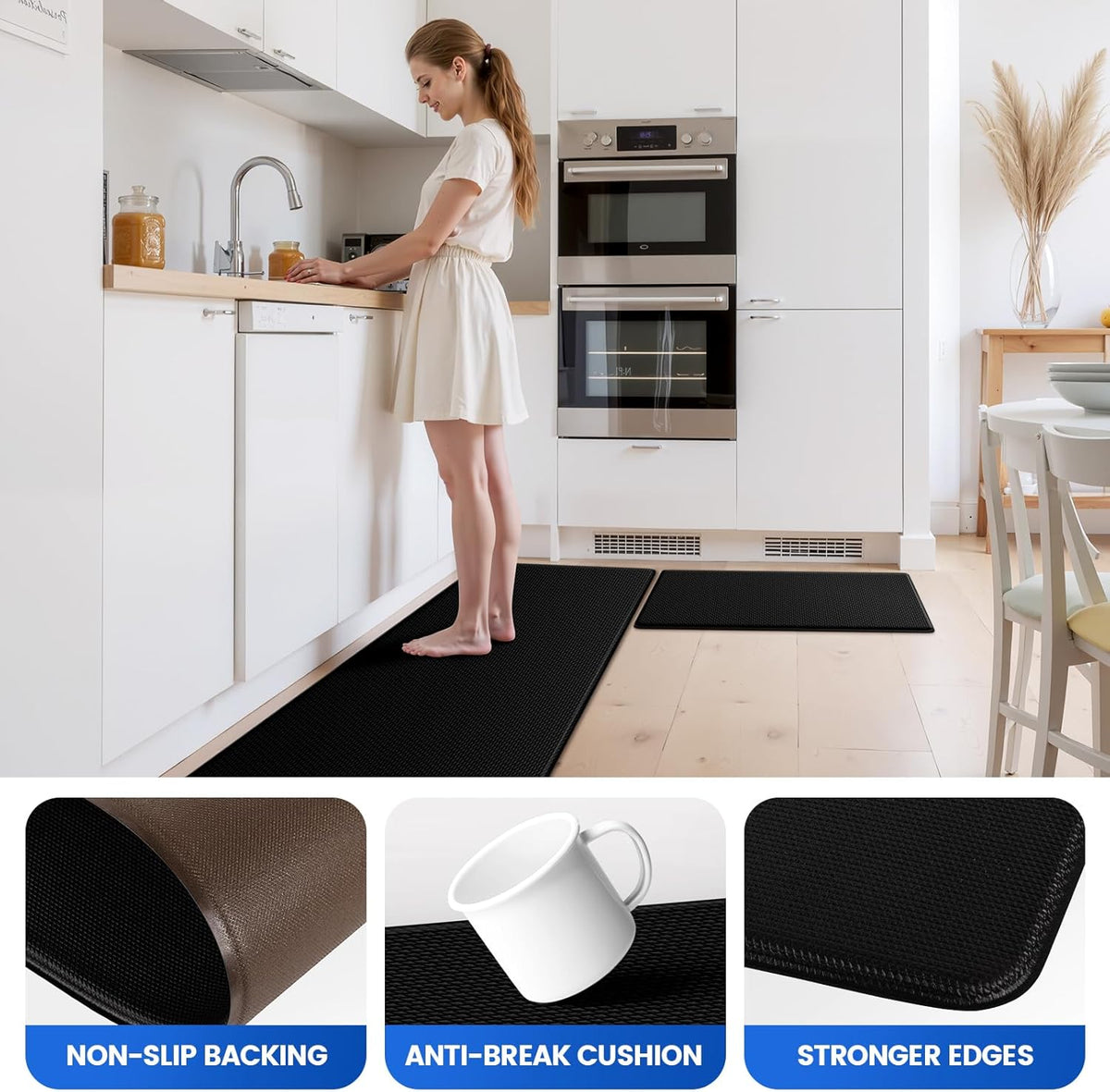 KitchenClouds Kitchen Mats for Floor,3PCS Cushioned Soft Kitchen Rugs | Non Slip Anti Fatigue Mats for Floor,Waterproof Kitchen Sink Mat,Cushioned Standing and Comfort Mats for Office,Black