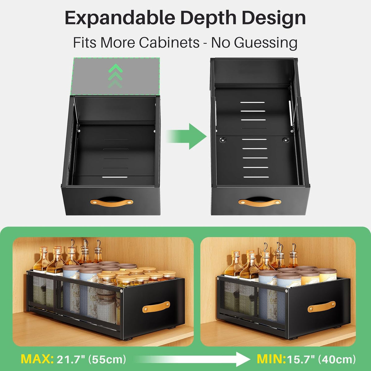 Pull out Cabinet Organizer, 2-Pack Expandable Depth(15.7"-21.7") with Raising Pad for Framed Cabinets, Heavy Duty Slide out Drawers,Roll Out Shelves for Kitchen, Pantry Organizers and Storage(Black) - Field & Nook
