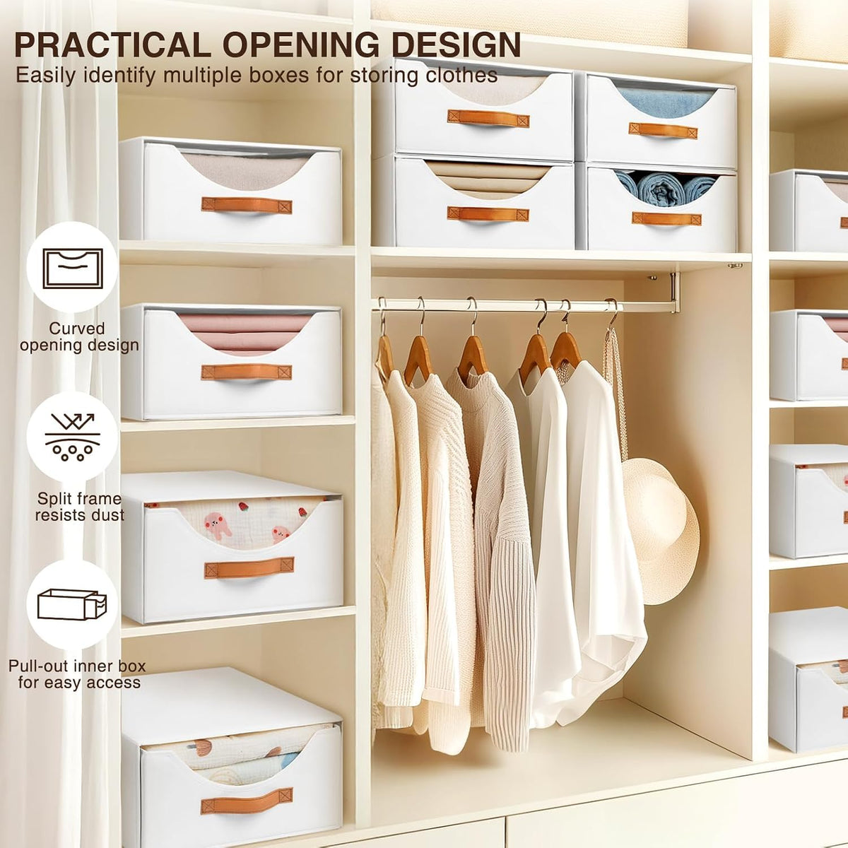 Closet Organizers and Storage - Large Stackable Storage Bins with Drawer, Fabric Bins for Organization, Collapsible Storage Drawers Organizer for Bedroom, Living Room, 4 Pack, White - Field & Nook
