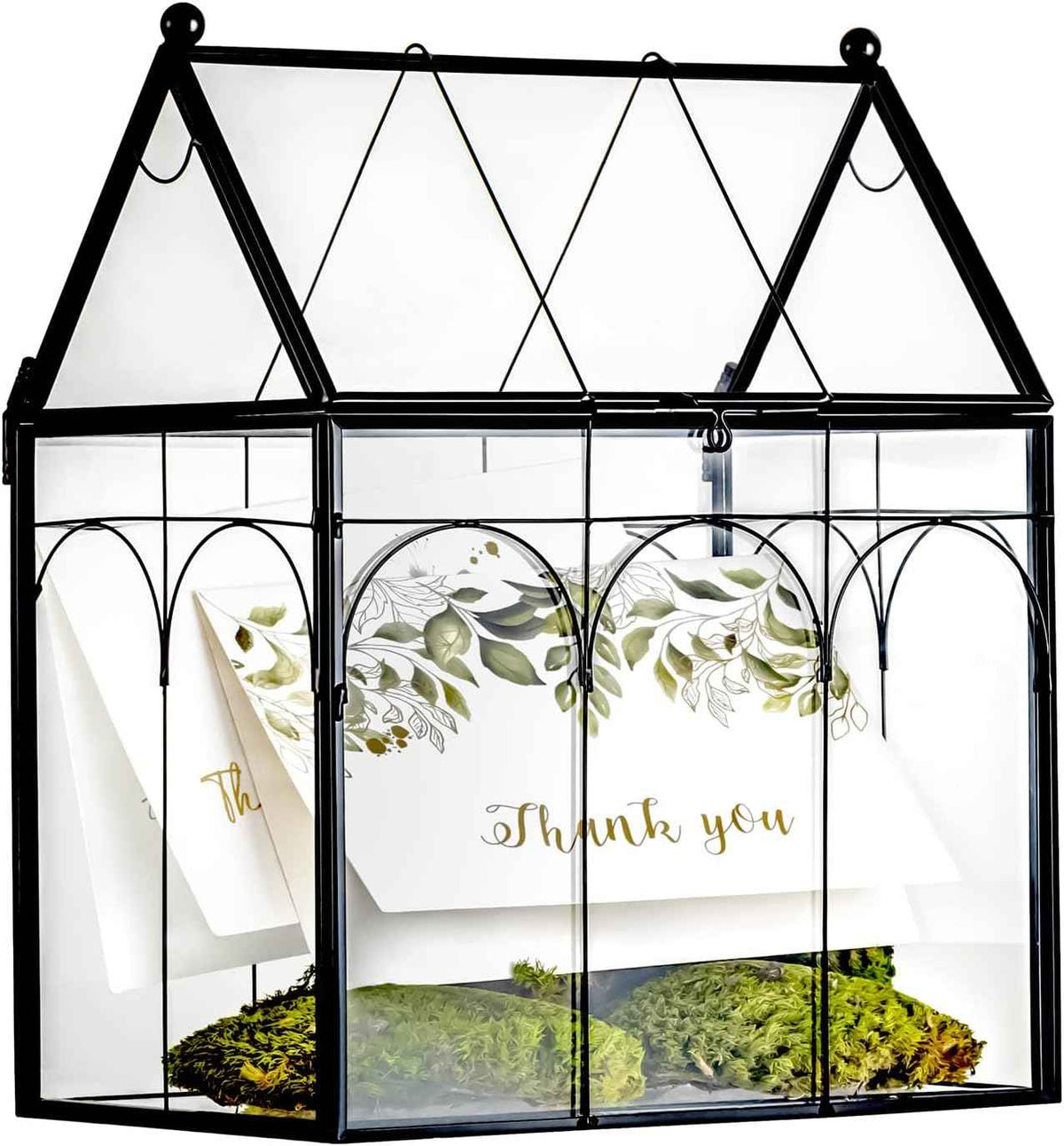 NCYP Glass Terrarium with Lid for Cacti, Succulents, Small Plants - 7.5 x 4.9 x 9 inches Closed Geometric Planter Box - Home Indoor Tabletop House Shape Decorative, Black (Terrarium Only)