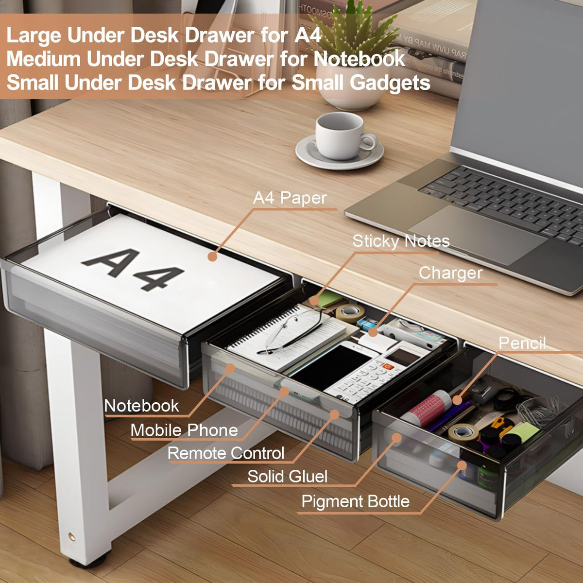 SVNNELP Under Desk Table Drawer Storage Organizer,3 Pack Large & Medium & Small Slide Out Desk Drawers - Hidden Desktop Organizer,Attachable Pencil Storage Tray Under Table(SML) - Field & Nook