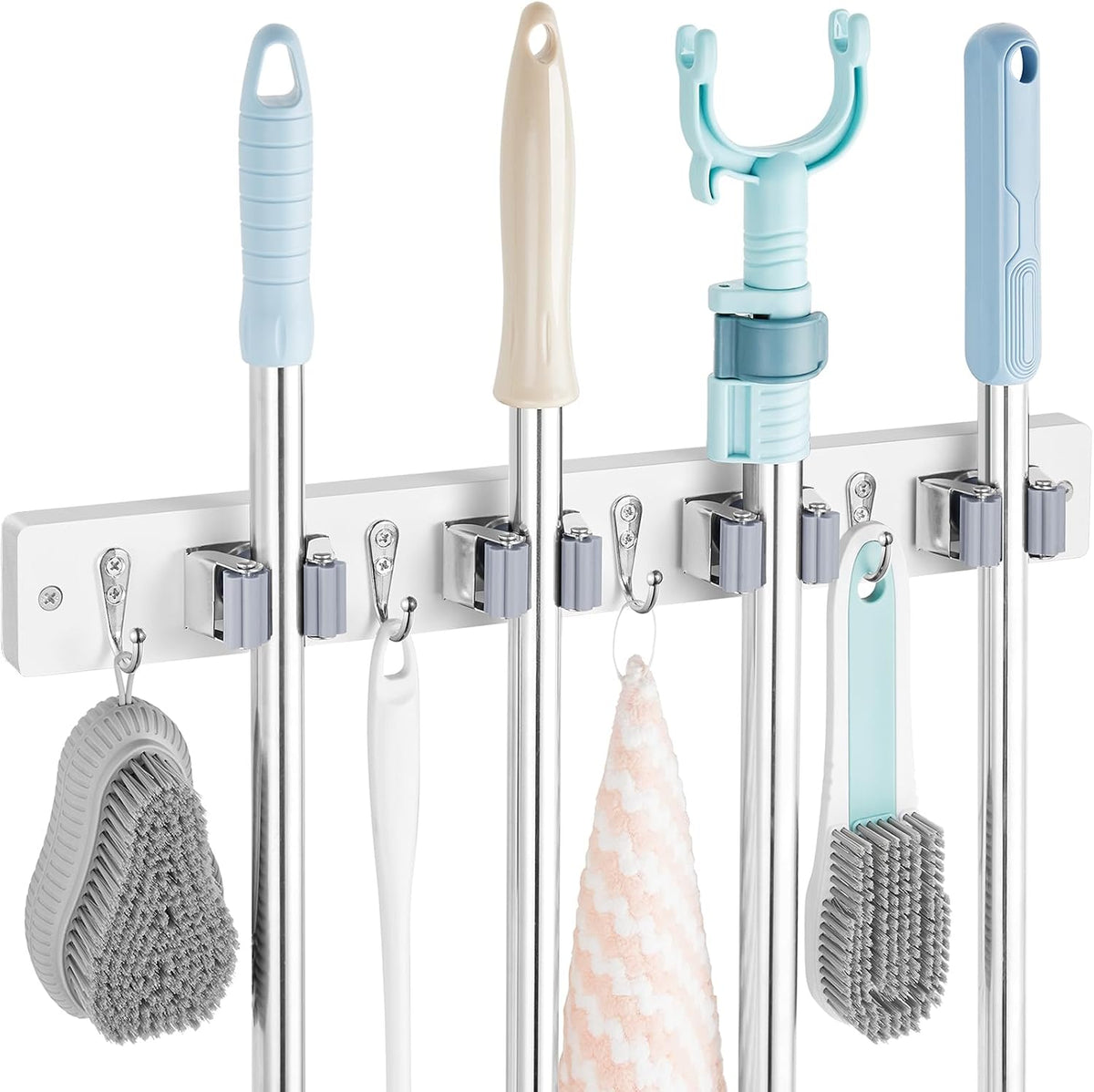 White Mop Broom Holder Wall Mount with 4 Slots & 4 Hooks - Field & Nook