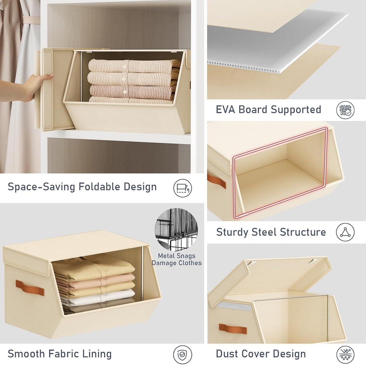 Stackable Closet Organizers and Storage Bins, Open Front Closet Shelf Organizer System With Steel Frame, Clothes Storage Basket Fabric, Collapsible Closet Drawers for Wardrobe, Nursery ,Toy, 4 Pack - Field & Nook