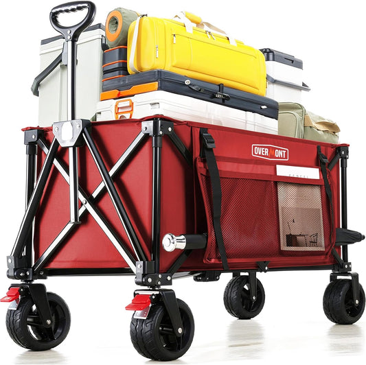 Overmont Collapsible Wagon Cart with Wheels - 180L Foldable Heavy Duty Wagon with Big All-Terrain Wheels - 330Lbs Weight Capacity with Side Pockets for Camping Sports Garden Grocery Shopping red