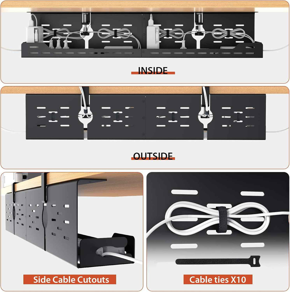 32-Inch Under-Desk Cable Tray – Dual-Mount Steel Cord and Power-Strip Organizer, Black