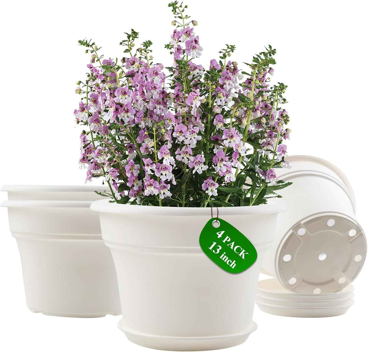 13 Inch Plastic-Flower-Pot-for-Indoor-Plants, 4 Pack Large Outdoor Planter Pot with Drainage Holes & Saucers, Resin Decorative Garden Pots Planters