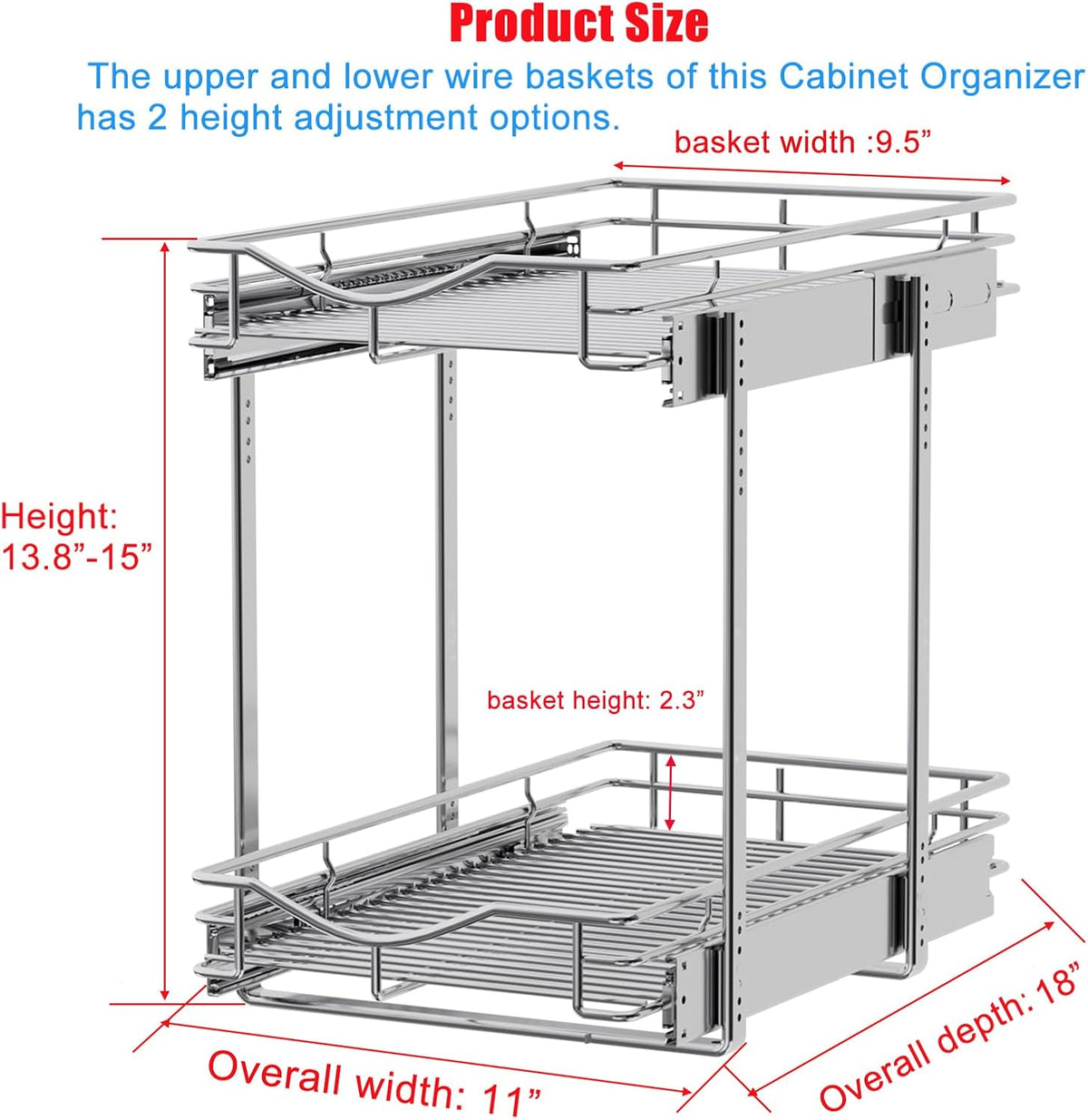 DINDON 2 Tier Pull Out Cabinet Organizer (11" W x 18" D) Heavy-Duty Metal Sliding Drawer Shelf, Two Tier Pull Out Shelves for Kitchen Cabinets, Pantry, Bathroom, Chrome Finish - Field & Nook