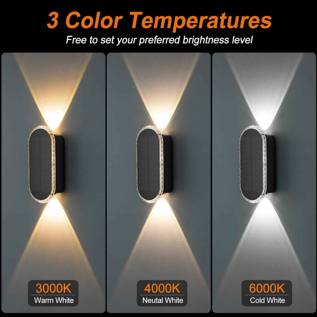 Solar Fence Lights Outdoor: 6-Pack Solar Powered Wall Lights Up and Down Waterproof IP65-3 Color Brighter LED Focus Lens SolarLights Dusk to Dawn 12h for Patio/Backyard/Porch/Railing