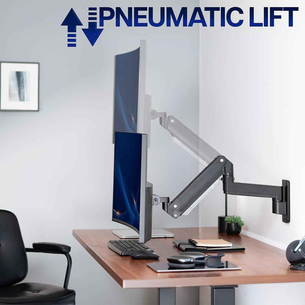 VIVO Premium Aluminum Heavy Duty Monitor Arm for Ultrawide Screens up to 49 inches and 44 lbs, Single Wall Mount, Pneumatic Height, Max VESA 100x100, Black, MOUNT-V101G1
