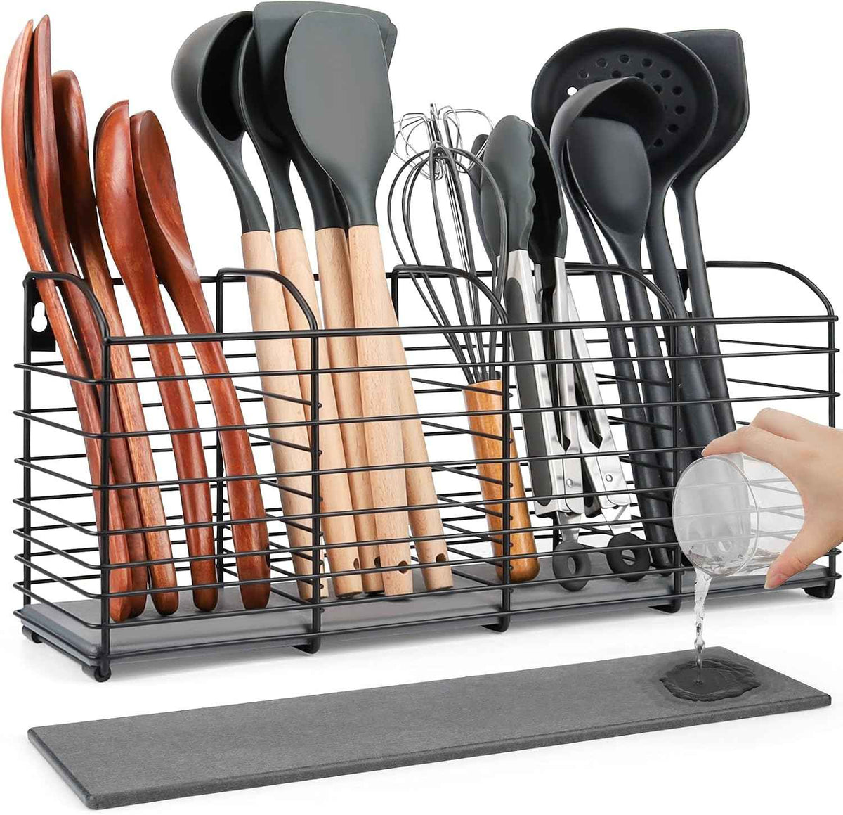 Kitchen Utensil Holder, 4-Compartment, Matte Black