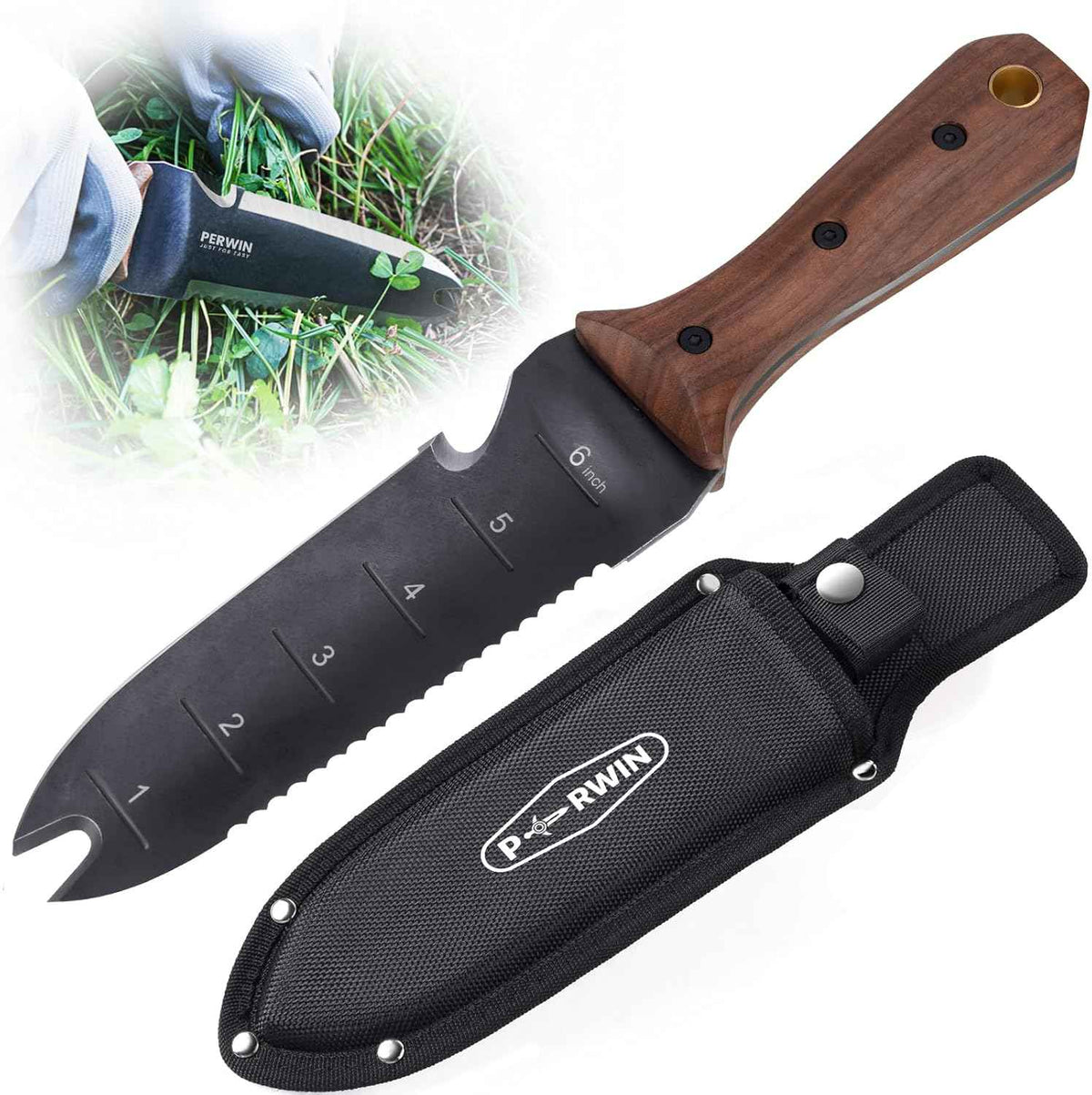 Hori Hori Garden Knife, Garden Tools with Sheath for Weeding,Planting,Digging, 7" Stainless Steel Blade with Cutting Edge, Full-Tang walnut Wood Handle with Hanging Hole