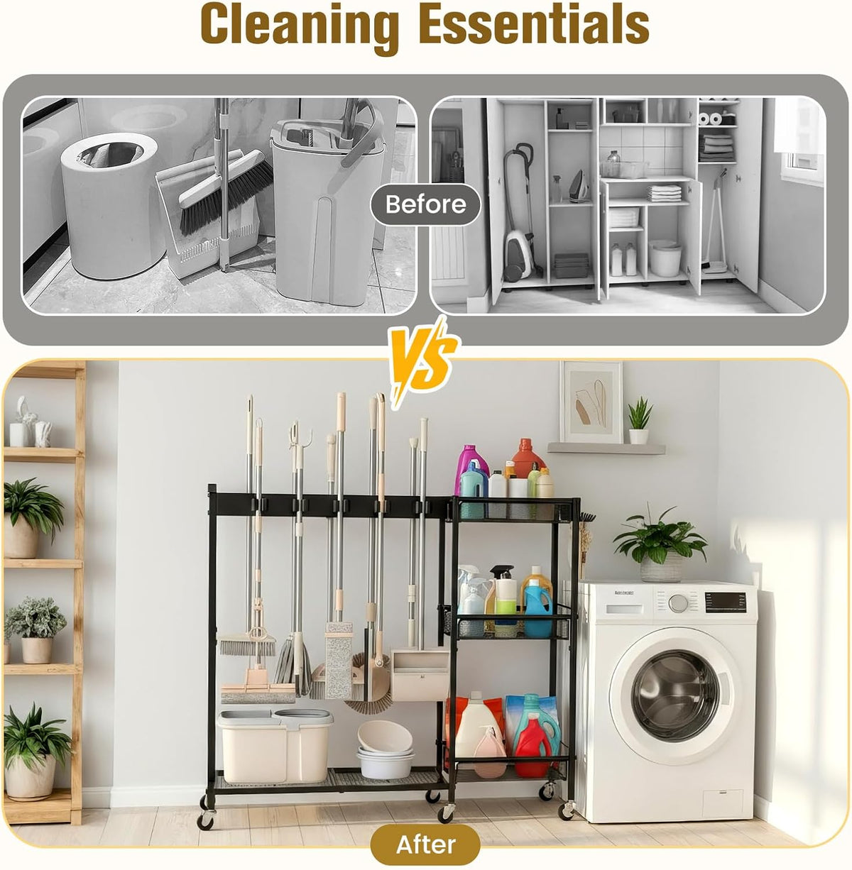 Broom Holder with Cleaning Supplies Organizer – 3-Tier Shelves - Field & Nook