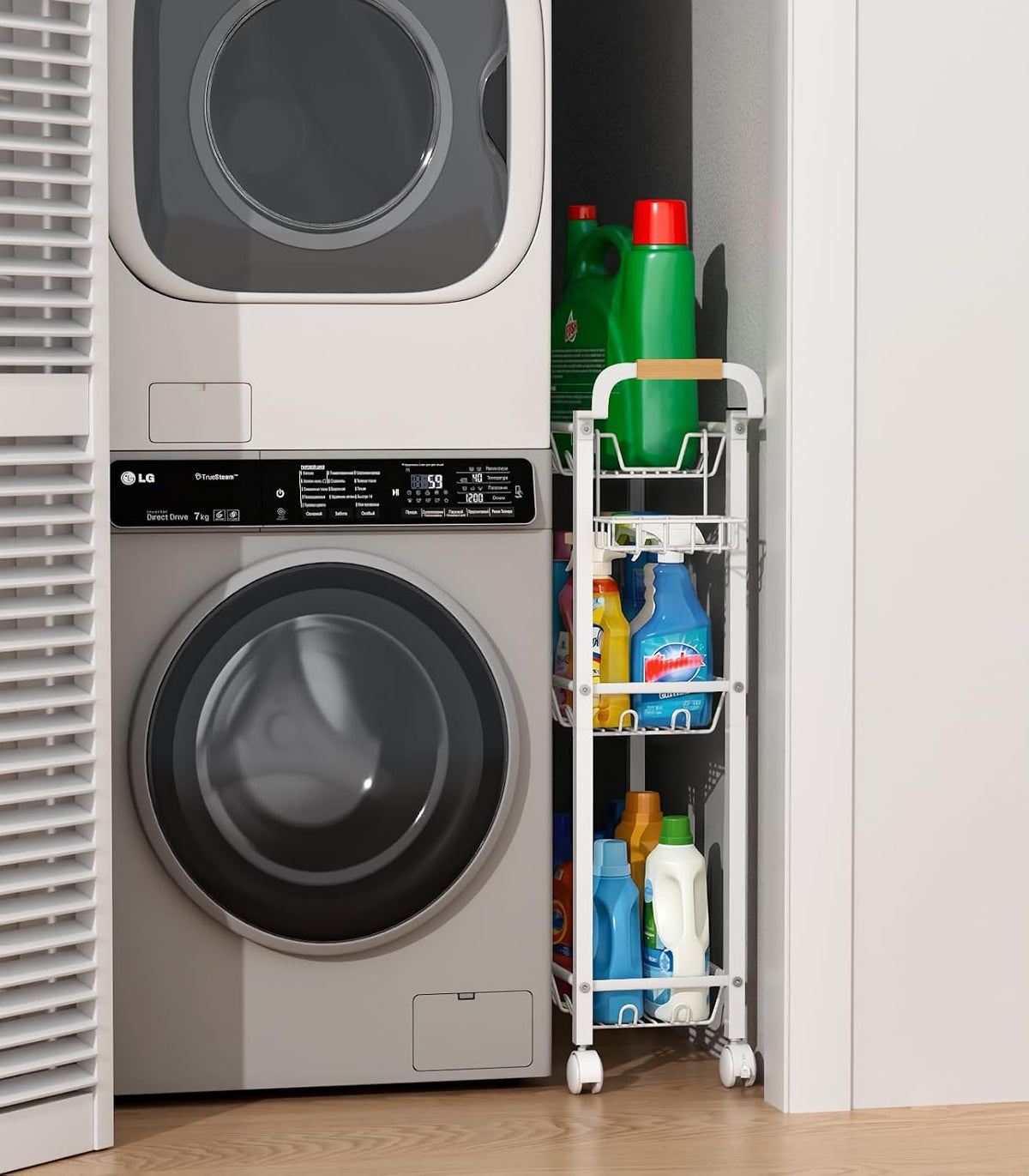 AOODA Laundry Room Cart with Top Detergent Holder, Metal Rolling Storage Cart Between Washer and Dryer, 3 Tier Narrow Laundry Room Organization and Storage with Wheels (White) - Field & Nook