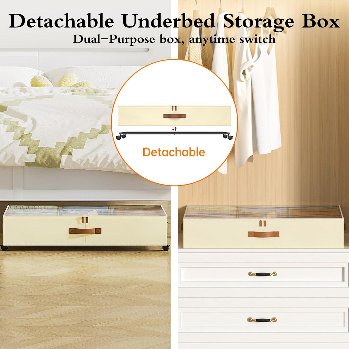 Yecaye Under Bed Storage with Wheels, 4 Pack Under Bed Storage Containers with Adjustable Dividers & Clear Window, Rolling Underbed Organizer Bins Drawers for Clothes, Shoes, Blankets, Beige - Field & Nook