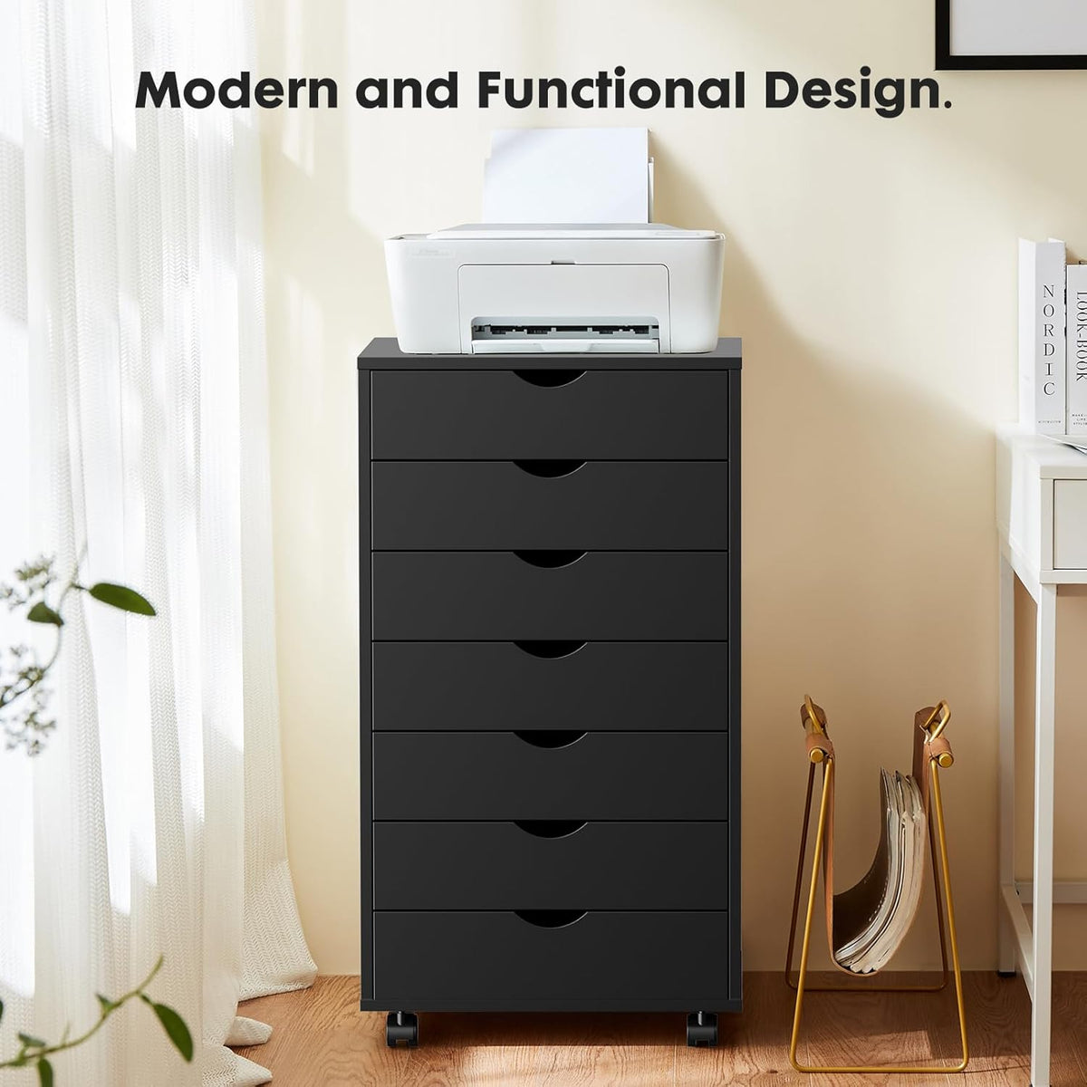 OLIXIS 7 Drawer File Cabinet on Wheels, Printer Stand | Fits Under Desks, Wood Storage Organization Holds Printer, Office Supplies, Not For Hanging Files, For Home Office Use Black - Field & Nook