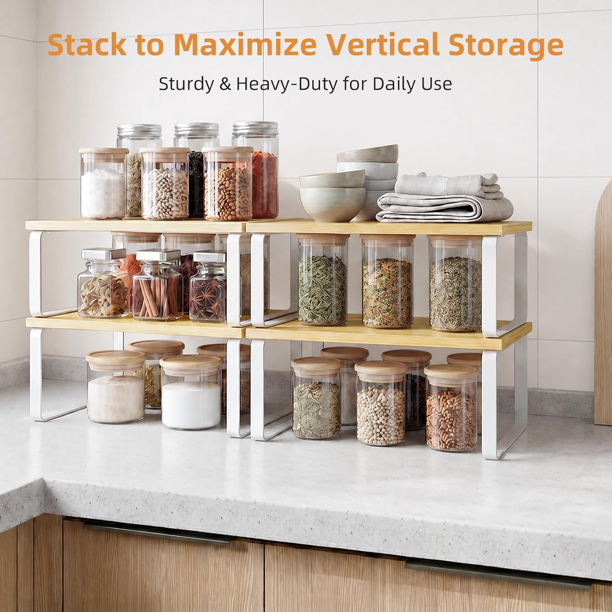 LAMU Cabinet Organizer Shelf, Set of 4 Expandable Kitchen Counter Shelve Plate Organizer for Cabiner, Stackable Spice Rack, CupBoard Organizers and Storage, Wood - Field & Nook