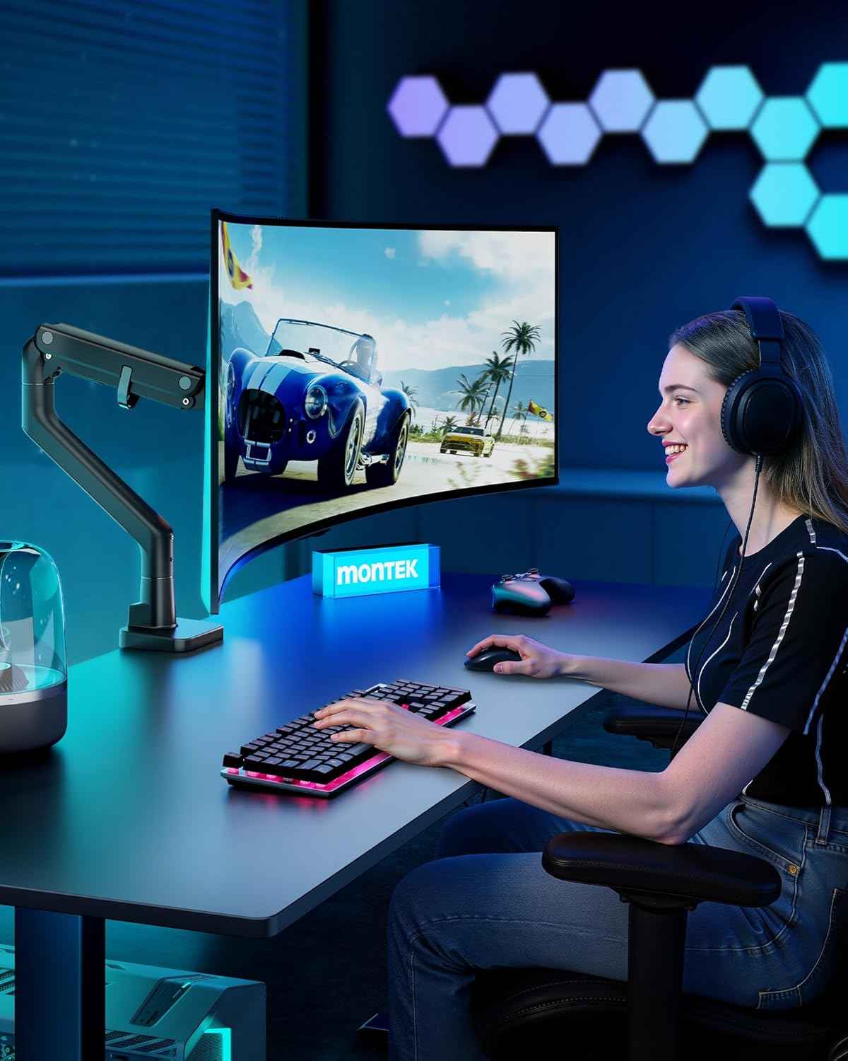 monTEK Heavy Duty Monitor Arm, 17-57" Ultrawide, Gas Spring, 59.4 lbs，Black | Desk Monitor Mount Holds 49" 57" Ultrawide Curved Screen Up to 59.4 lbs with No Sag,Clamp & Grommet Arm,75/100 VESA
