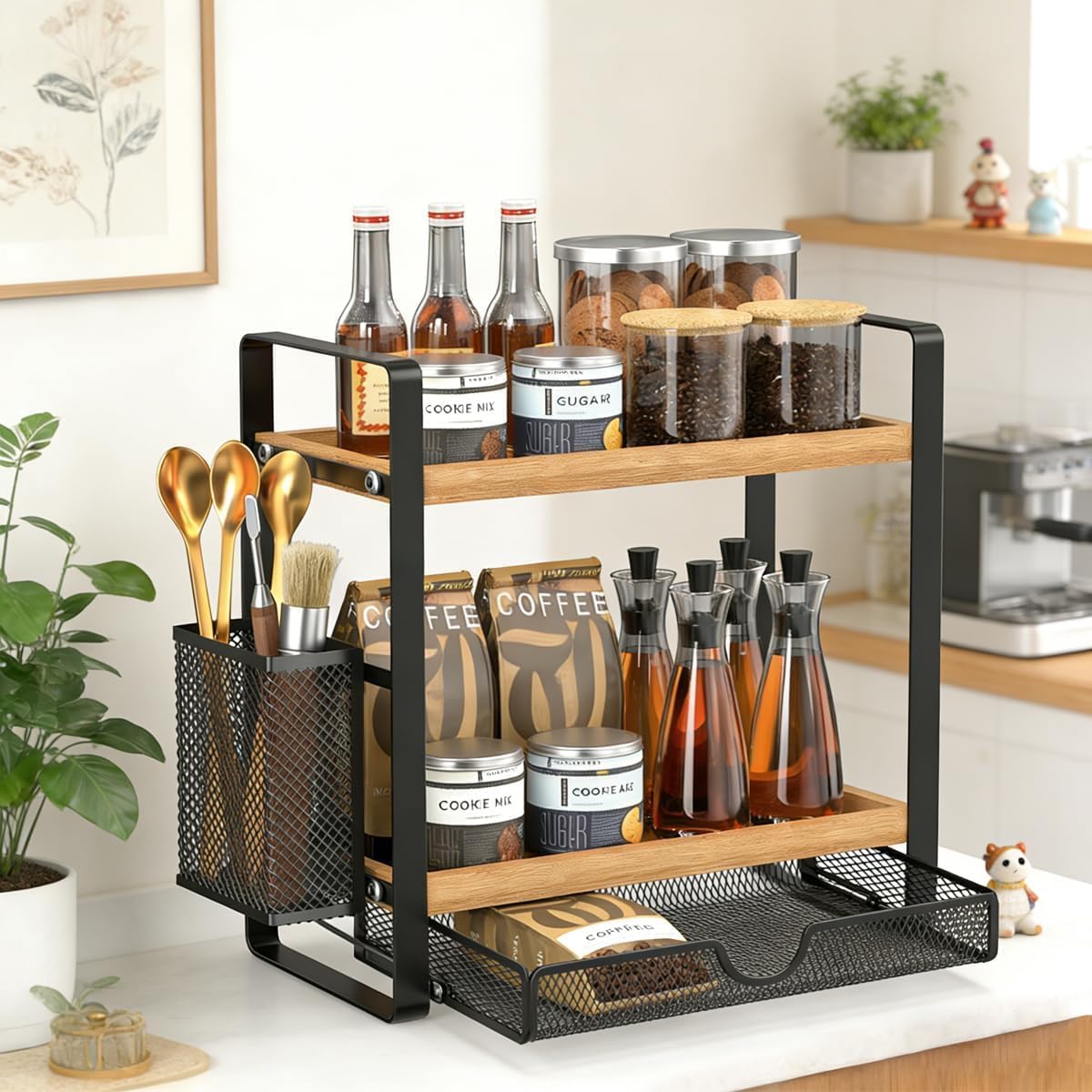 2-Tier Spice Rack Organizer for Countertop with Drawer and Basket - Field & Nook