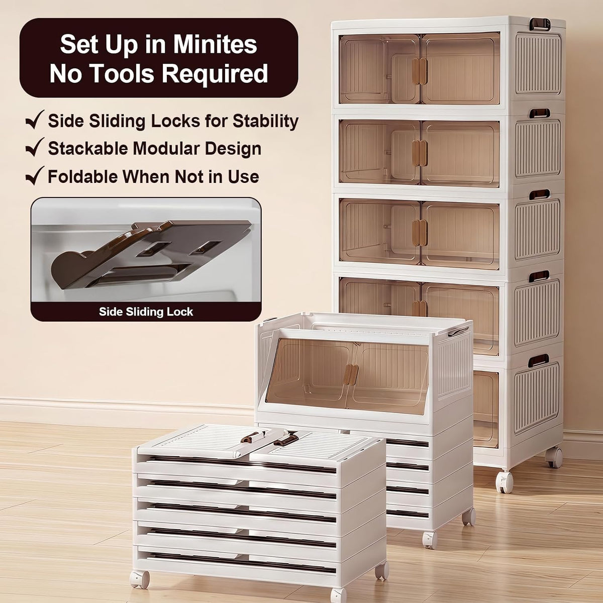 120QT Stackable Storage Bins With Lids, Collapsible Plastic Storage Bins with Wheels and Doors, Foldable Plastic Cabinets for Bedroom Dorm Garage Office Kitchen, 5 Pack - Field & Nook