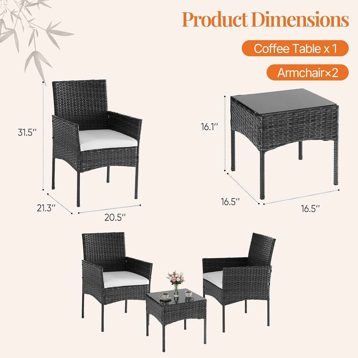 Sweetcrispy Outdoor Wicker Bistro Set, Patio Furniture 3-Piece, Black