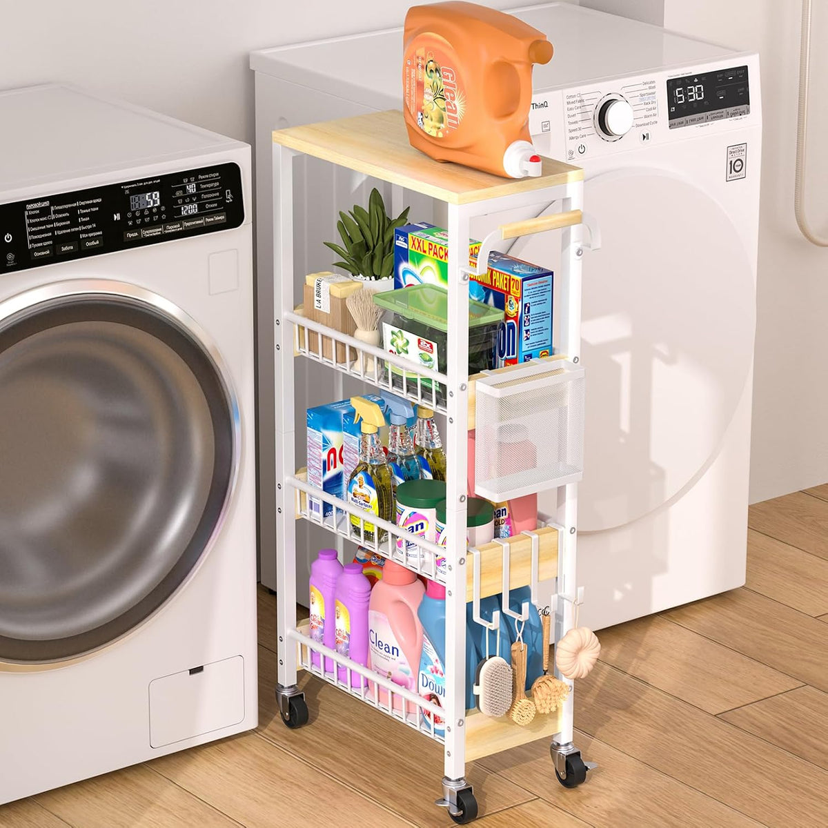 DTUQYX Laundry Room Organization Cart, 4 Tier Slim Rolling Cart for Small Narrow Spaces, Storage Shelf Cabinet with Wheels for Bathroom, Utility Room, Kitchen, Near Washer Dryer (9.1" Overall Width) - Field & Nook