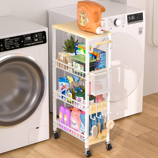 DTUQYX Laundry Room Organization Cart, 4 Tier Slim Rolling Cart for Small Narrow Spaces, Storage Shelf Cabinet with Wheels for Bathroom, Utility Room, Kitchen, Near Washer Dryer (9.1" Overall Width) - Field & Nook