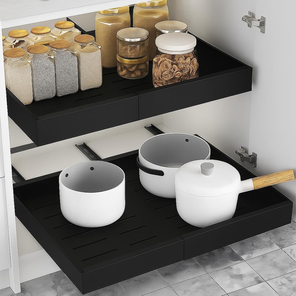 Expandable Pull Out Drawers for Cabinets(Black) : Kitchen and Pantry Organizer, Sliding Cabinet Organizer with Adhesive, Under Sink and Pots Storage, Depth 16.5". expandable pull out cabinet organizer - Field & Nook