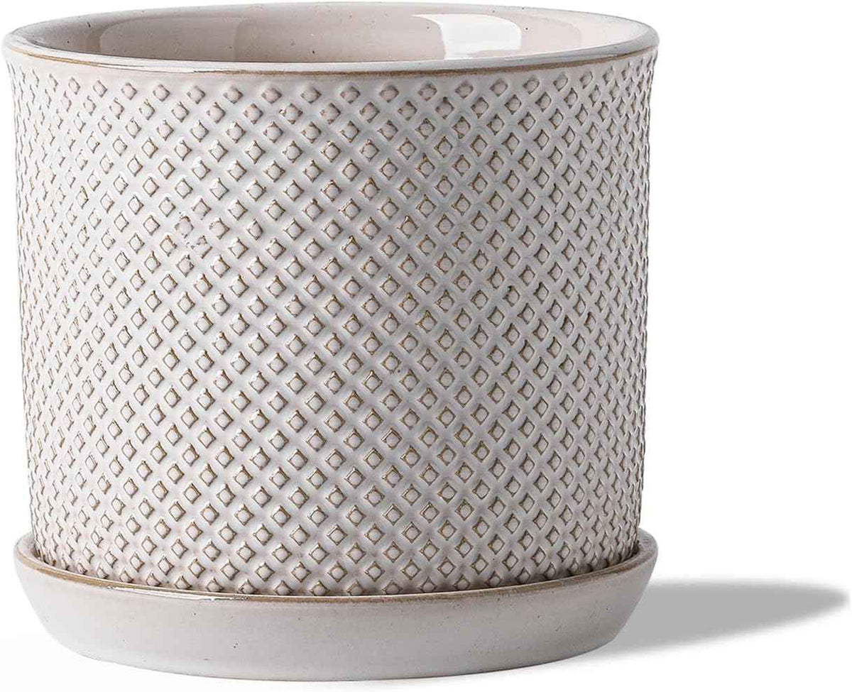 5.8 Inch Plant Pot: Ceramic Planter with Drainage Hole & Saucer for Indoor Outdoor Plants - Flowerpot with Bonded Tray for Home Office - Beaded Embossed Style, Cream White