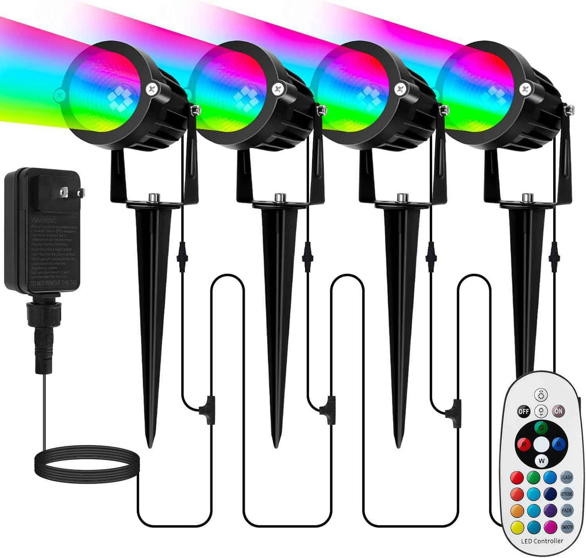 Spotlight Outdoor for Halloween Christmas: 4-in-1 RGBW Low Voltage Landscape Lighting Kit with Plug-in Transformer | 6W 24V IP65 Waterproof Color Changing LED Spot Lights with Remote for Yard Garden