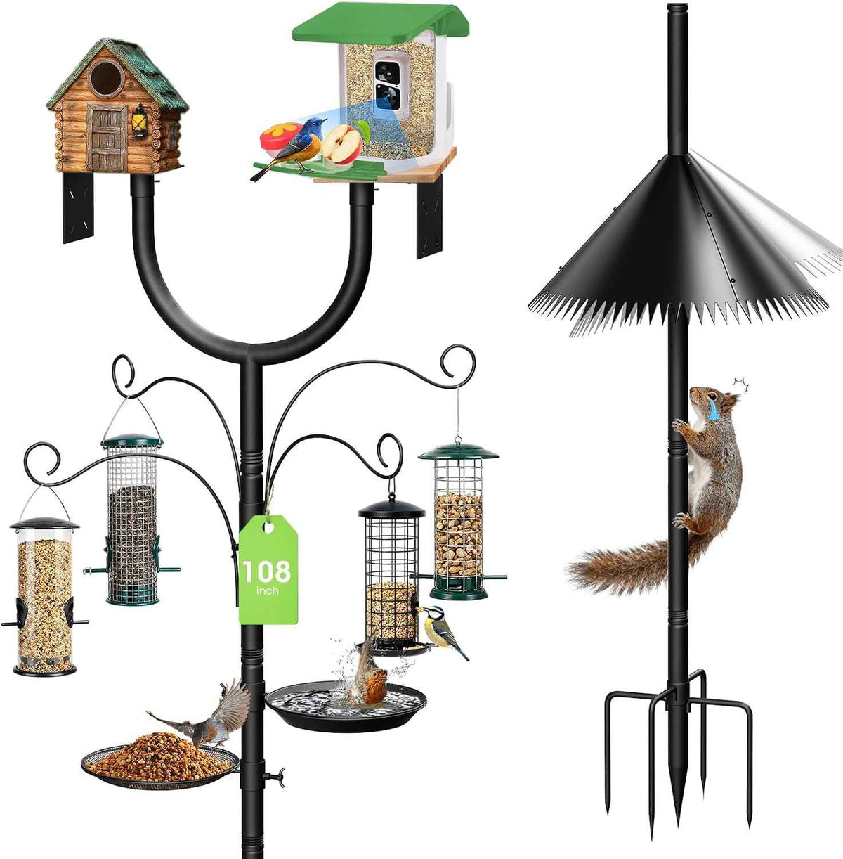 Bird Feeder Pole Squirrel Proof,Adjustable 47"-108" Heavy Duty Bird House Pole,Upgraded U-Shape Platform,4 Shepherd Hooks for Feeder Stand,Includes Birdbath,Tray for Outdoor Garden & Yard