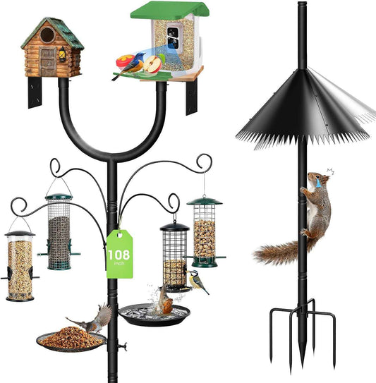 Bird Feeder Pole Squirrel Proof,Adjustable 47"-108" Heavy Duty Bird House Pole,Upgraded U-Shape Platform,4 Shepherd Hooks for Feeder Stand,Includes Birdbath,Tray for Outdoor Garden & Yard