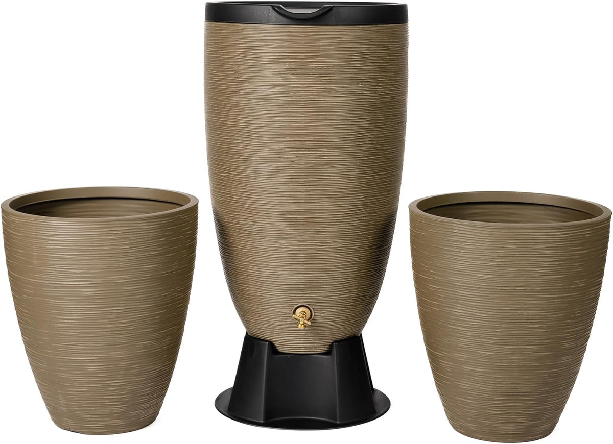 Newport 50‑Gallon Flat‑Back Rain Barrel with Stand & Planter Bundle – Sandstone | Removable Lid, UV-Stabilized Outdoor Water Storage