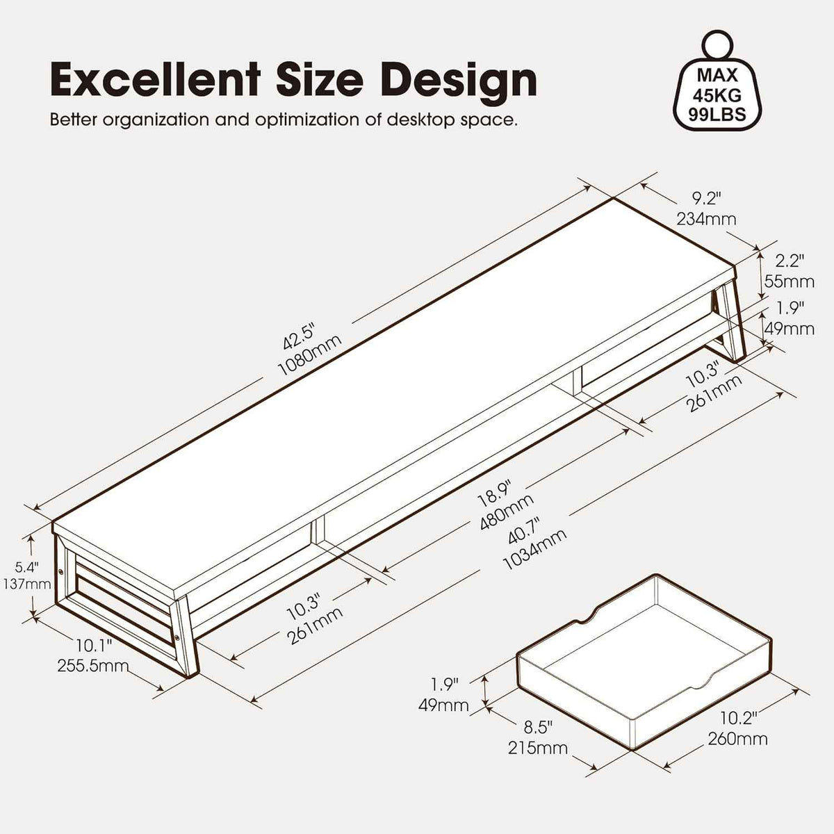 Fenge Dual Monitor Stand Riser, 42.5in Desk Shelf with 2 Drawers, Black | 2-Tier Monitor Shelf for Desk, Storage Drawer with Stopper, Frosted, fit Home Office, Ultrawide Screen, PC, Laptop, TV