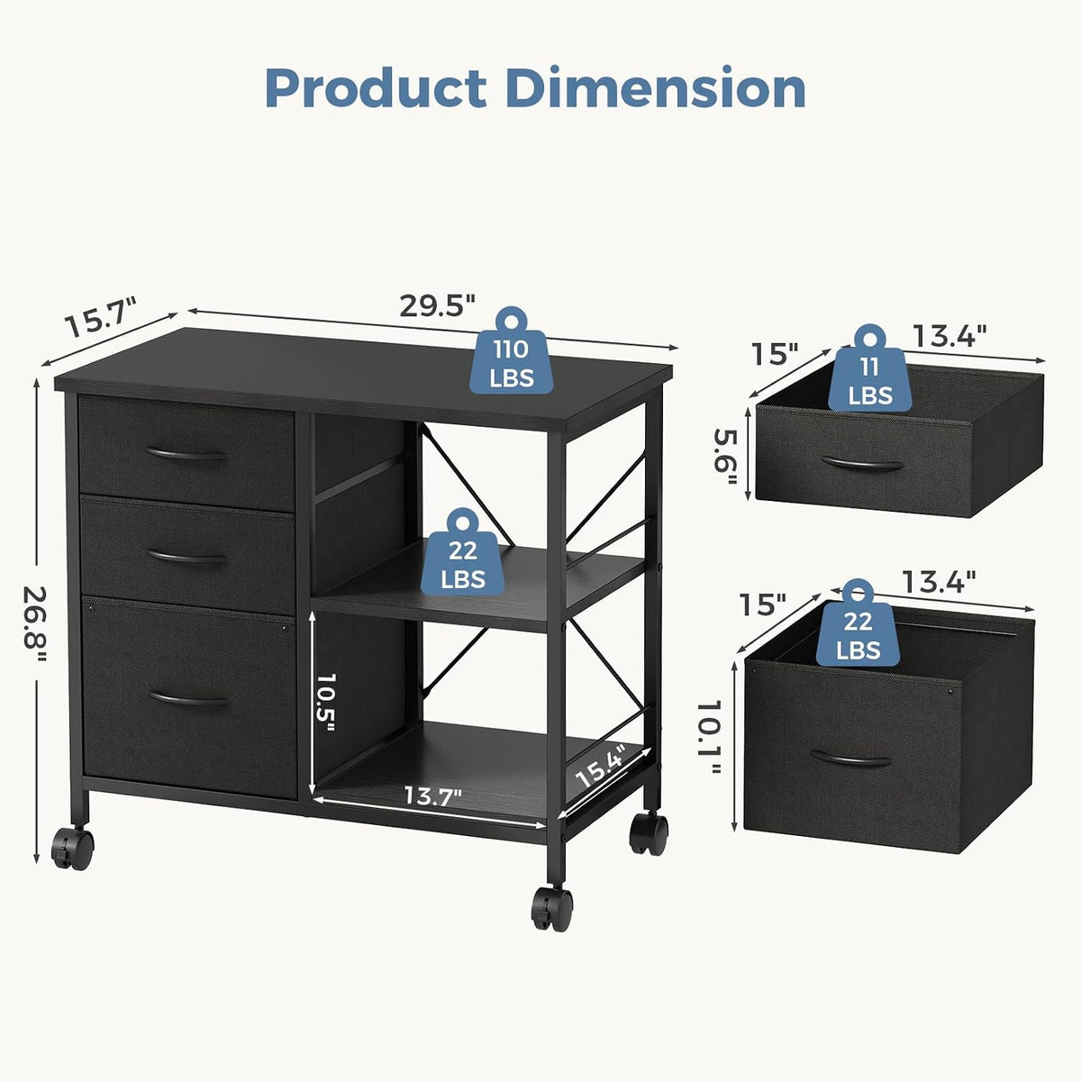 DUMOS 3-Tier Mobile File Cabinet, Rolling Printer Stand with Storage | Fabric Lateral Filing Cabinet fits A4/Letter Size, Under Desk Drawer Cabinet, Printer Cart for Home Office, Black - Field & Nook
