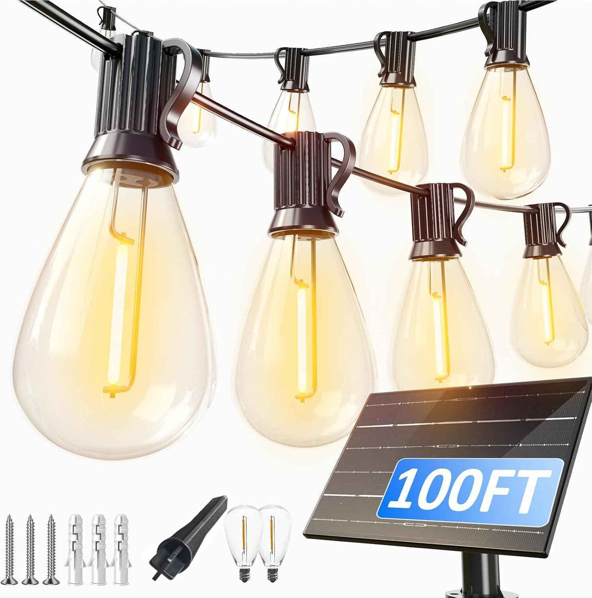 50FT Solar String Lights Outdoor Waterproof 18+1 LED Bulbs 20+Hrs Commercial Grade Shatterproof USB Solar Lights for Camping Backyard Garden Porch Decor (100Ft)
