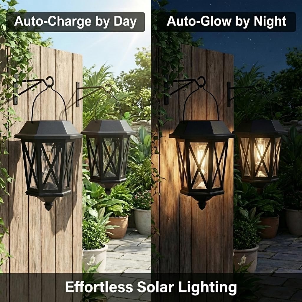 Solar Hanging Wall Lanterns – 2 Pack, LED, Glass Shade, Black
